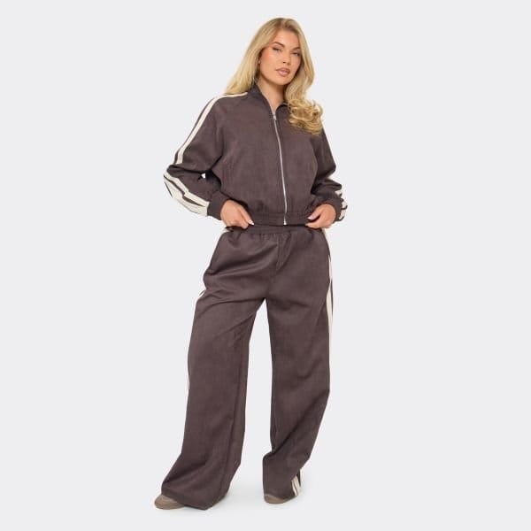 EGO Low Rise Contrast Side Stripe Wide Leg Joggers In Chocolate Brown Faux Suede, Women's Size UK 6 - 1
