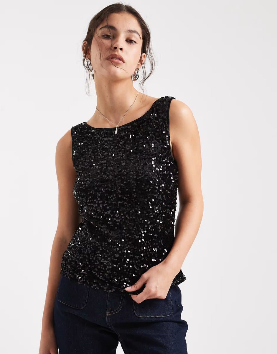 ASOS Pieces slash neck sequin top in black