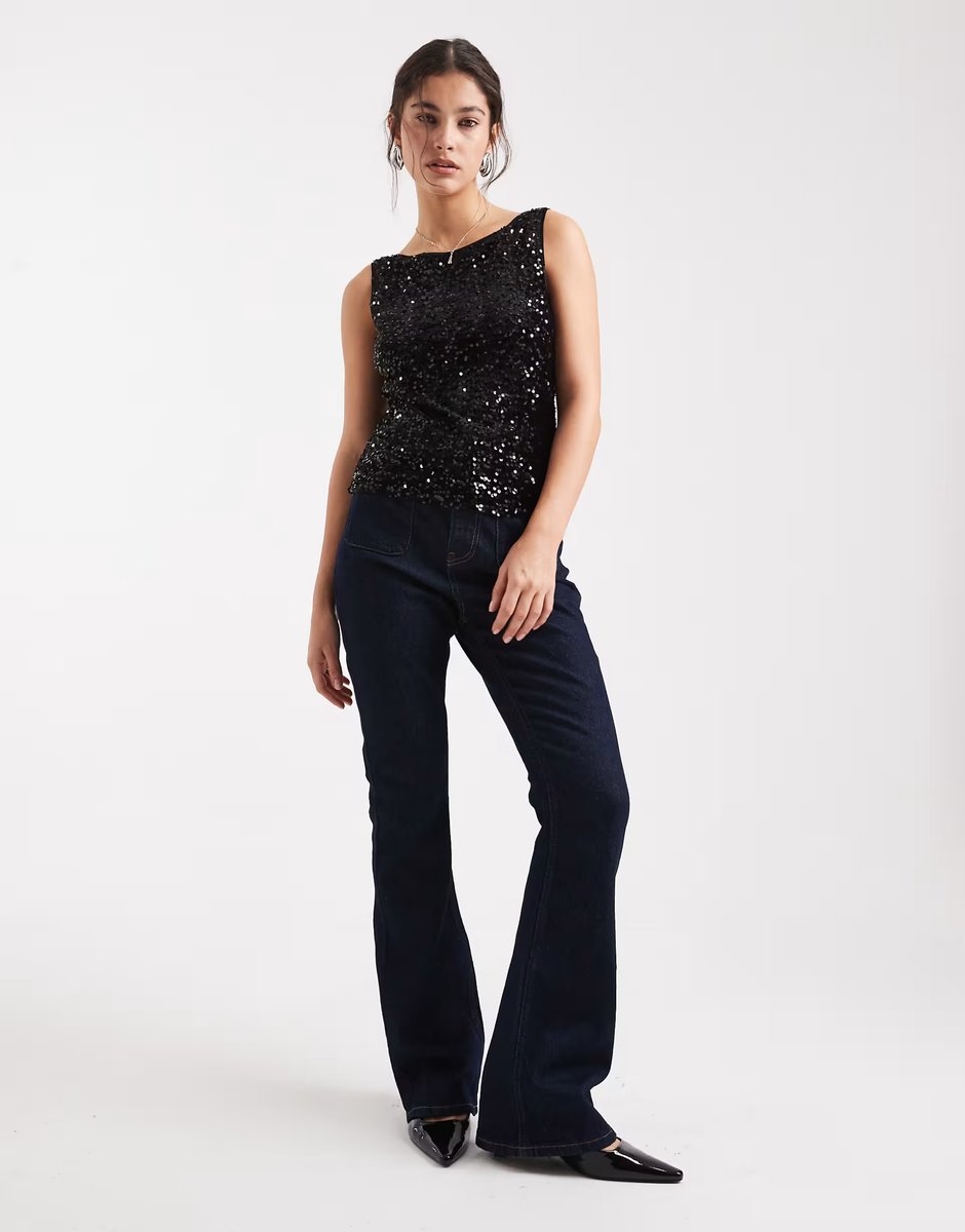 ASOS Pieces slash neck sequin top in black - 3