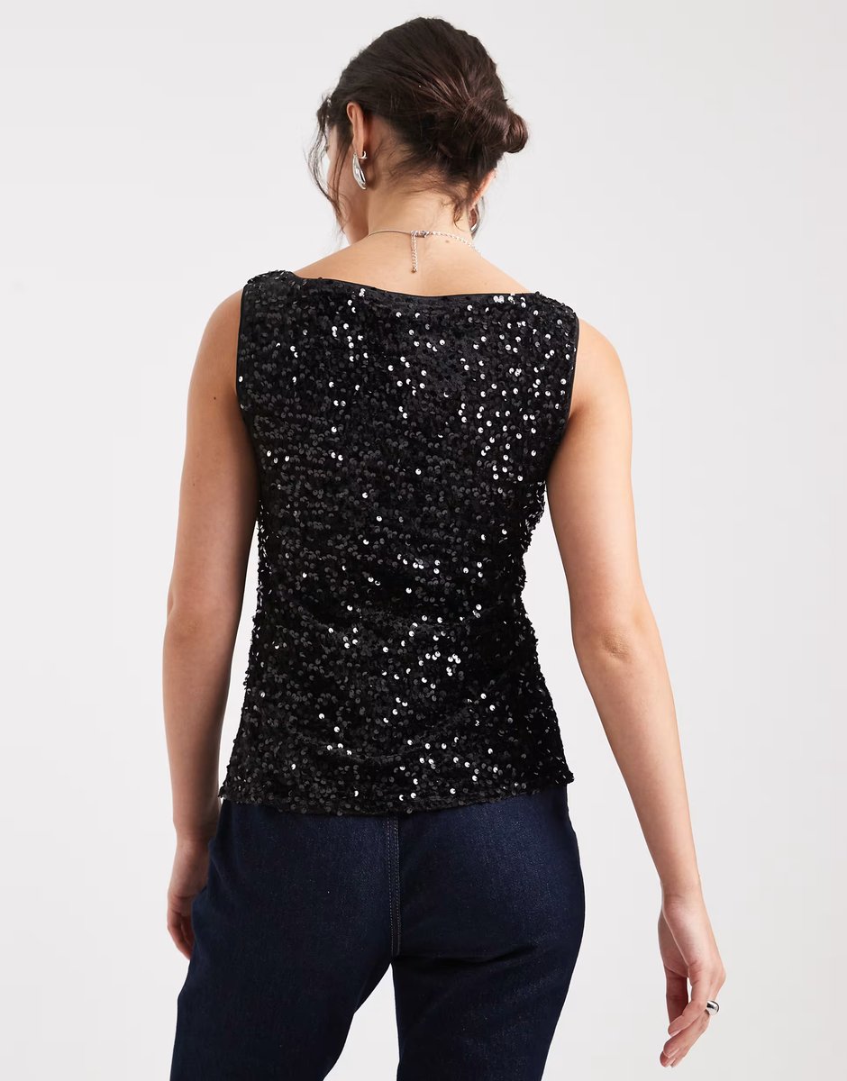 ASOS Pieces slash neck sequin top in black - 4