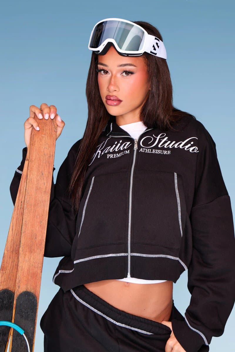Kaiia Kaiia Script Contrast Stitch Oversized Zip Through Hoodie Black & White