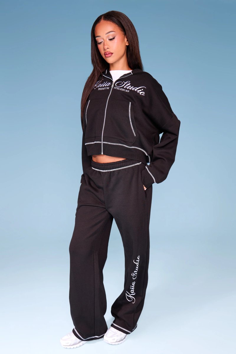 Kaiia Kaiia Script Contrast Stitch Oversized Zip Through Hoodie Black & White - 3