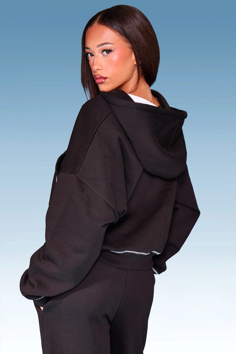 Kaiia Kaiia Script Contrast Stitch Oversized Zip Through Hoodie Black & White - 4