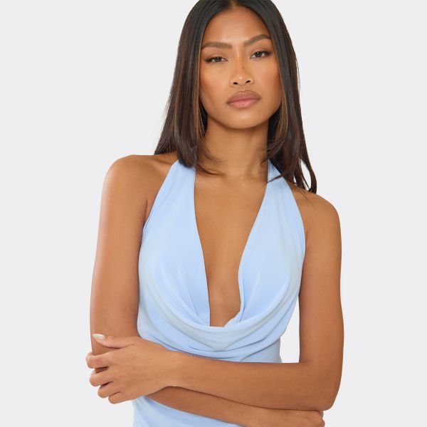 EGO Halterneck Cowl Front Hanky Hem Mini Dress In Baby Blue, Women's Size UK 6 - 2