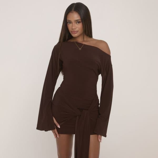 EGO Long Flared Sleeve Drape Detail Mini Bodycon Dress In Chocolate Brown Slinky, Women's Size UK 4