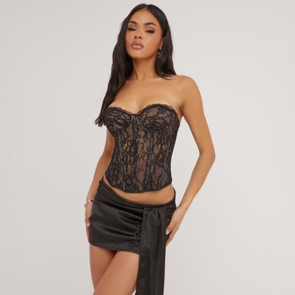 EGO Bandeau Structured Detail Corset Top In Black Lace, Women's Size UK 10