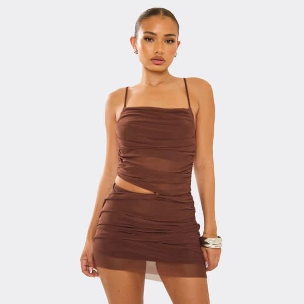 EGO Square Neck Cut Out Ruched Detail Mini Dress In Chocolate Mesh, Women's Size UK Large L