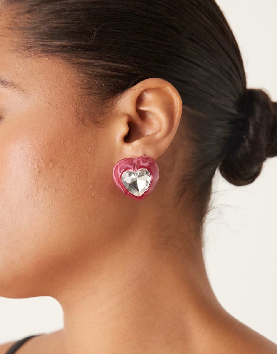 ASOS ASOS DESIGN Pink Heart Stone Set Earrings with Faux Crystals