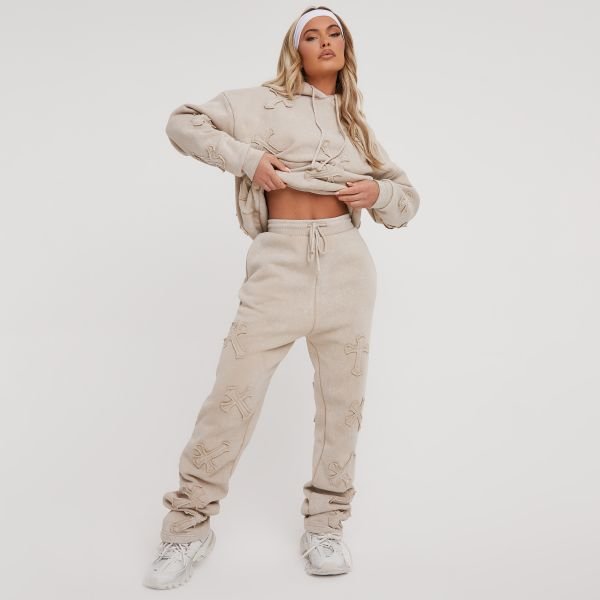 EGO High Waist Cross Patch Detail Oversized Straight Leg Joggers In Acid Wash Stone, Women's Size UK 4 - 1