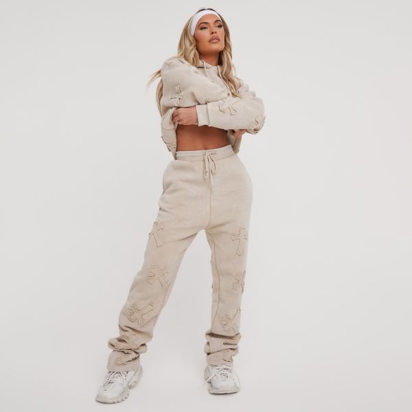 EGO High Waist Cross Patch Detail Oversized Straight Leg Joggers In Acid Wash Stone, Women's Size UK 4 - 2