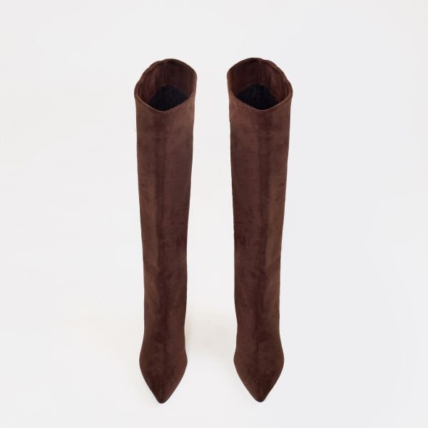 EGO Special Pointed Toe Knee High Heeled Boot In Brown Faux Suede, Women's Size UK 8 - 2