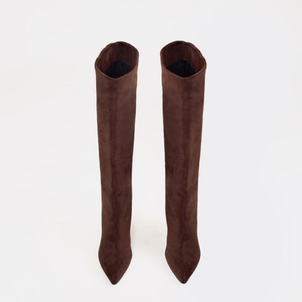 EGO Special Pointed Toe Knee High Heeled Boot In Brown Faux Suede, Women's Size UK 8 - 2