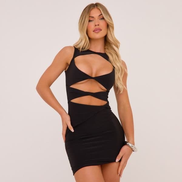 EGO Sleeveless Twist Cut Out Front Mini Bodycon Dress In Black, Women's Size UK 10