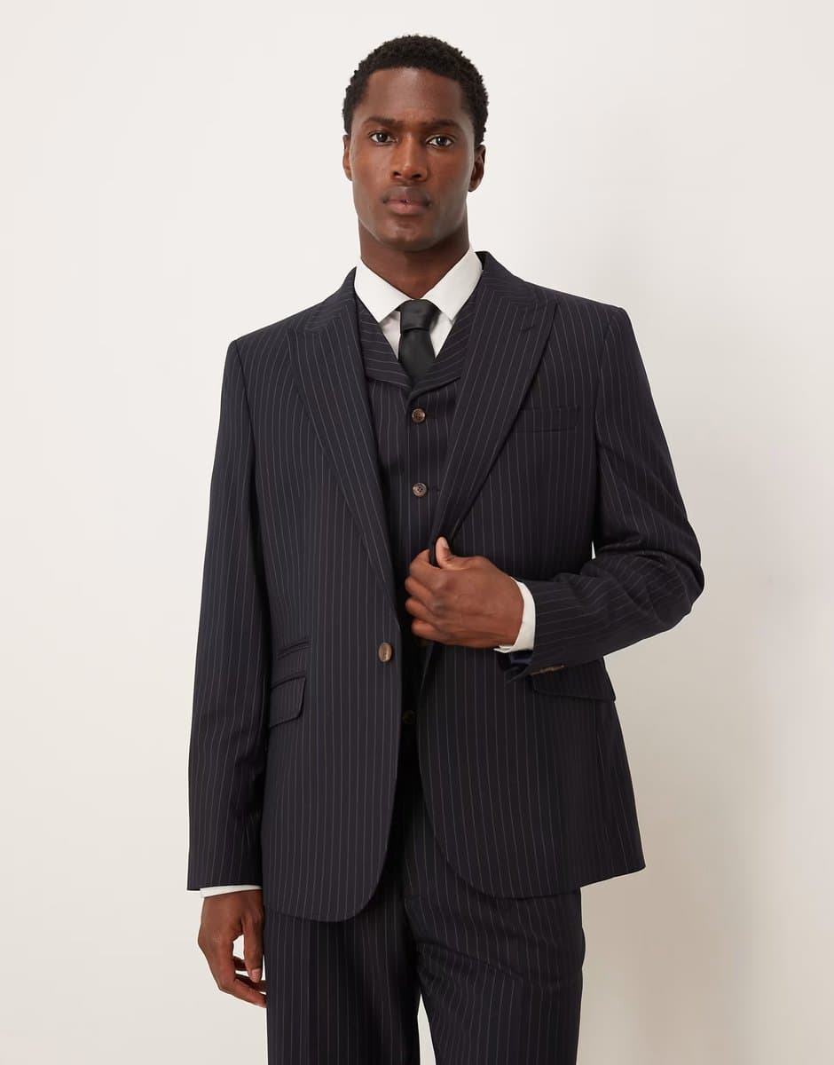 ASOS ASOS DESIGN slim suit jacket in navy pinstripe