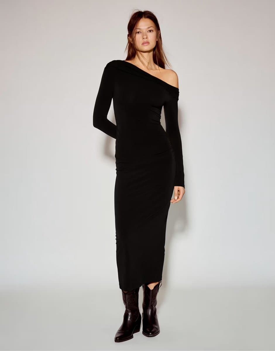 ASOS Pull&Bear Bardot neckline midi dress in black