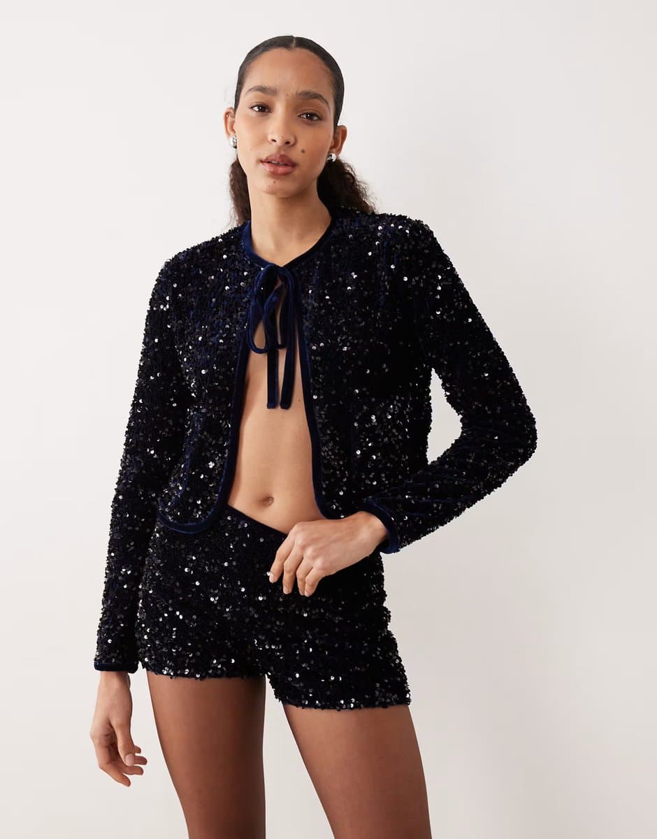ASOS Mango sequin tie front jacket & short co-ord in navy