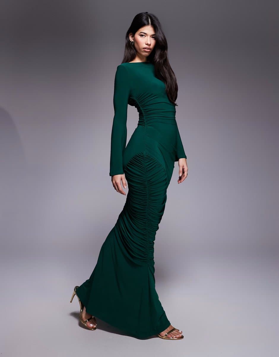 ASOS ASOS DESIGN sculpting gauged panelled maxi dress with long sleeves in green
