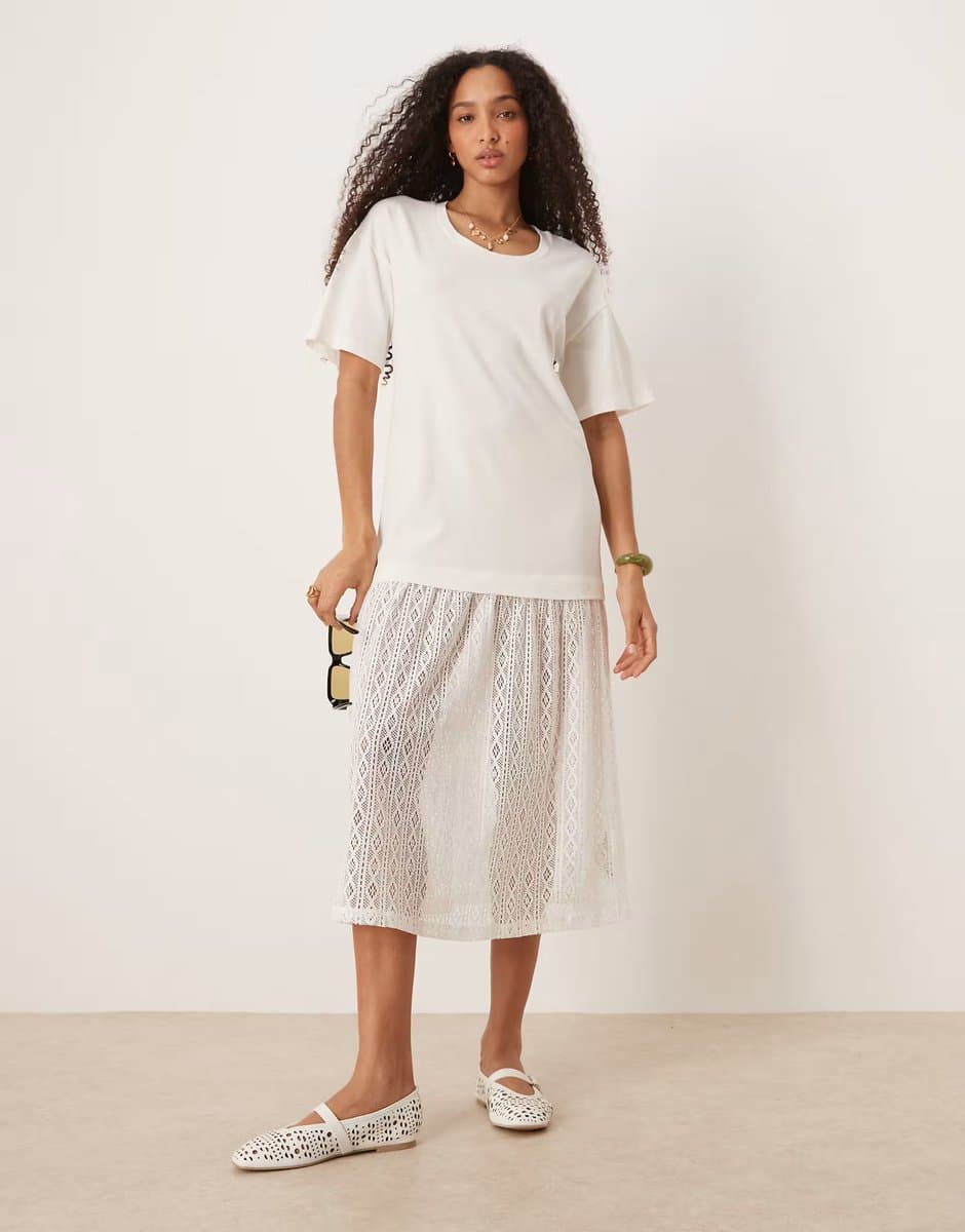 ASOS ASOS DESIGN T-shirt midi dress with crochet dropped waist in white