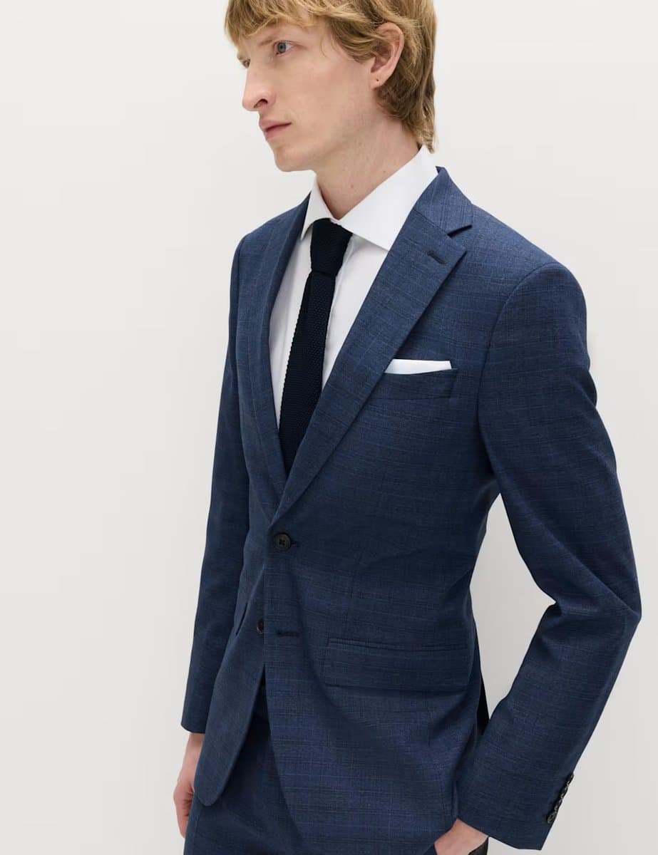 Marks & Spencer M&S Slim Fit Textured Check Jacket Mid Blue