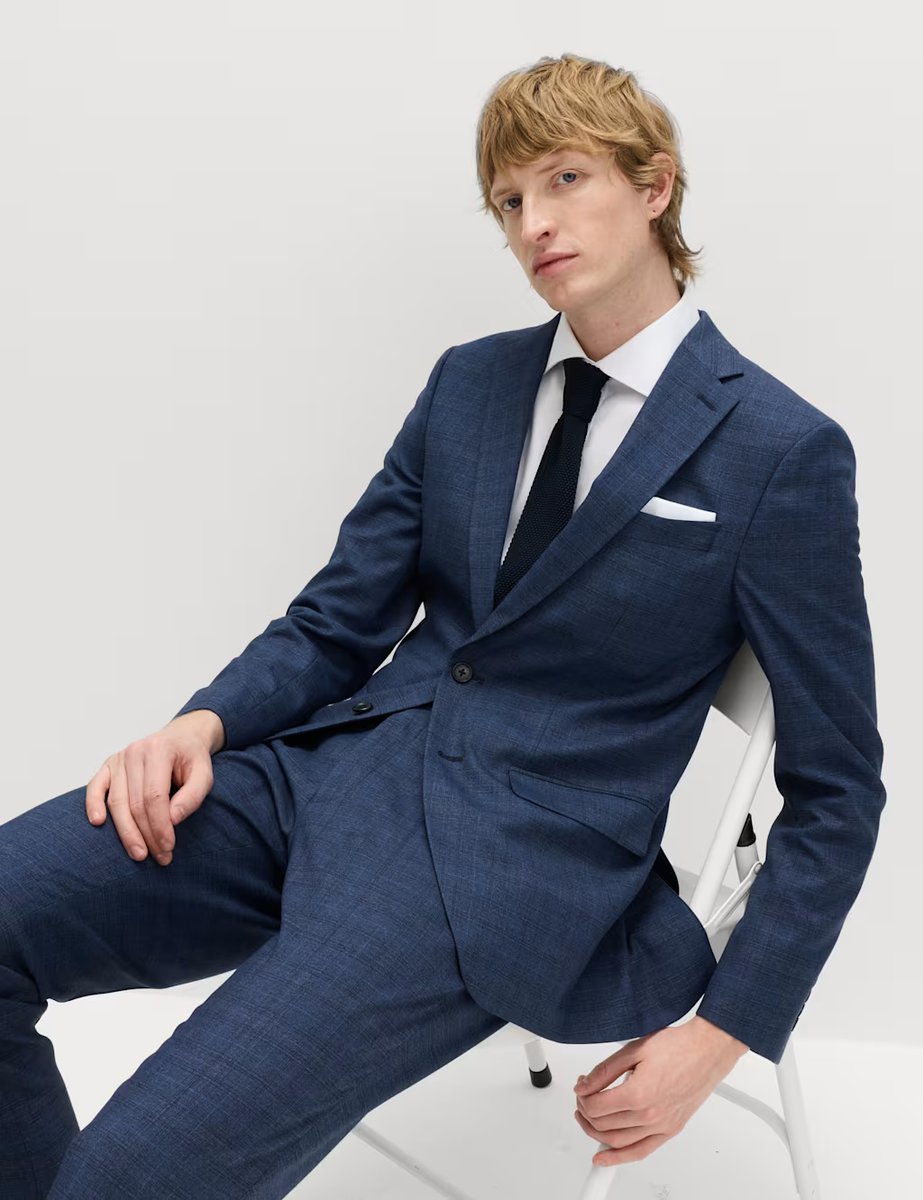 Marks & Spencer M&S Slim Fit Textured Check Jacket Mid Blue - 2