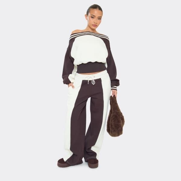 EGO Mid Rise Drawstring Waist Contrast Stripe Detail Wide Leg Joggers In Cream, Women's Size UK 6