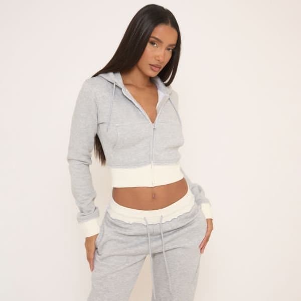EGO Contrast Distressed Detail Cropped Zip Up Hoodie In Light Grey, Women's Size UK 4