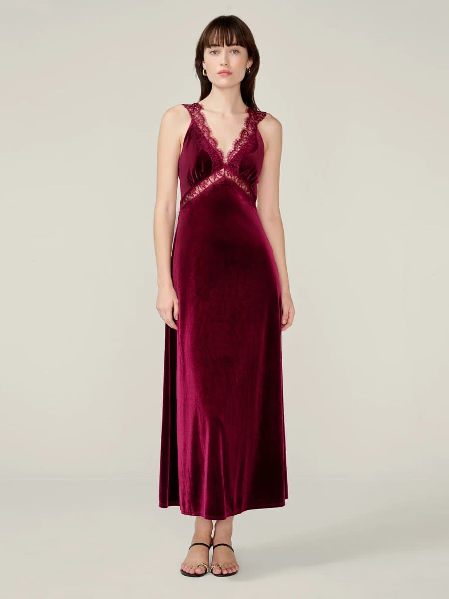 OMNES OMNES Velvet Maxi Dress with Plunging Neckline in Deep Wine