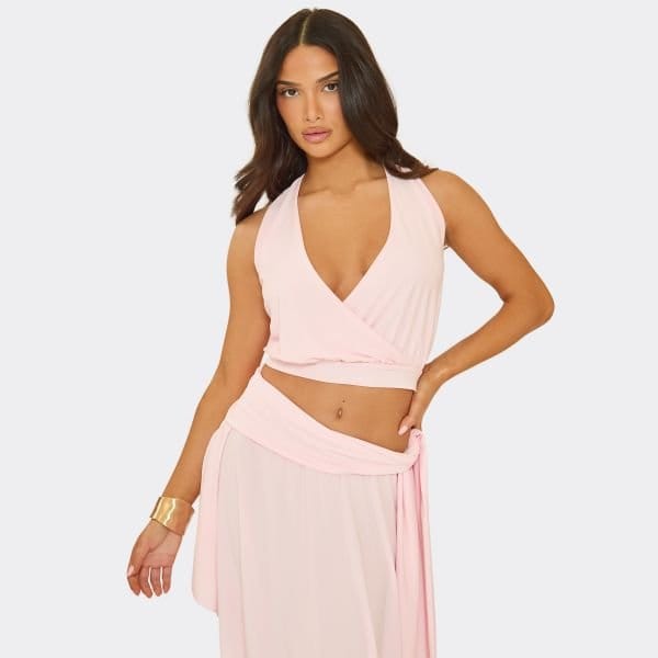 EGO V Halter Neck Slouchy Crop Top In Baby Pink, Women's Size UK 6 - 1
