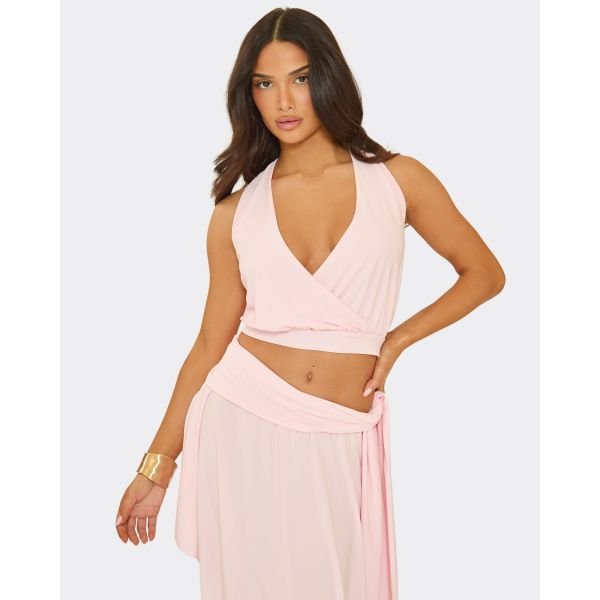 EGO V Halter Neck Slouchy Crop Top In Baby Pink, Women's Size UK 6 - 2