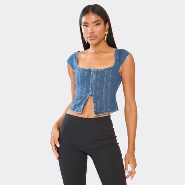 EGO EGO Square Neck Cap Sleeve Denim Top in Blue