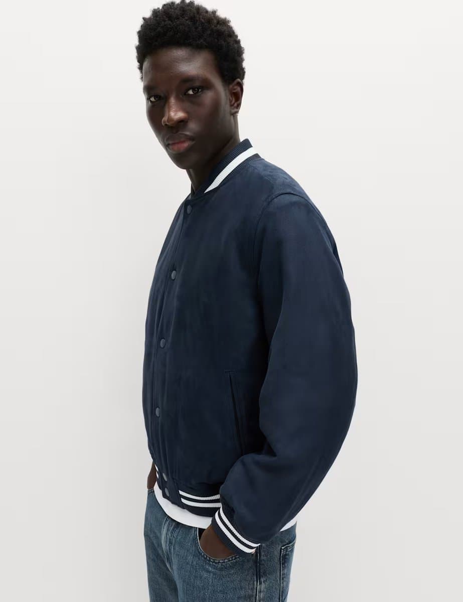 Marks & Spencer M&S Mock Suede Padded Varsity Bomber Jacket Navy Mix