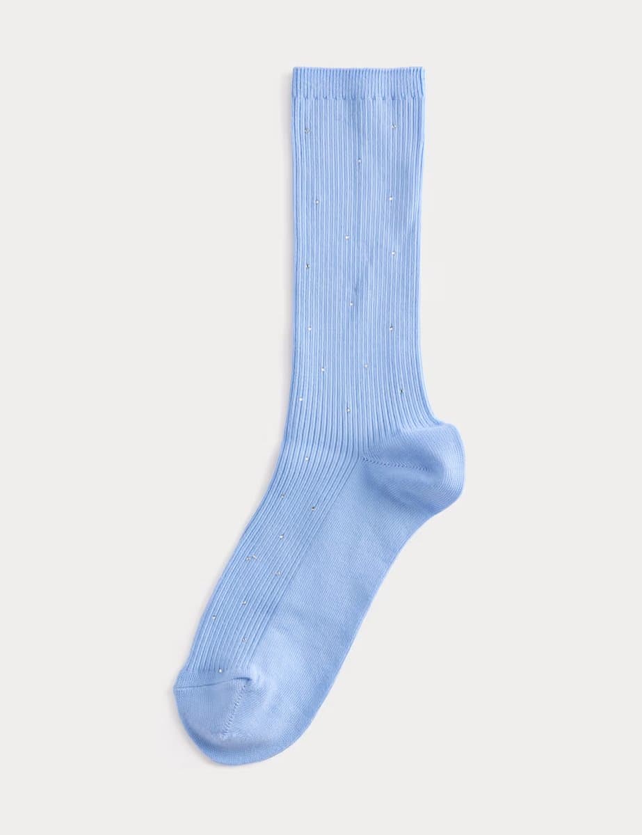 Marks & Spencer M&S Cotton Rich Embellished Ribbed Crew Socks in Blue