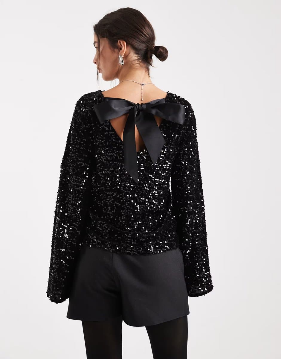 ASOS Pieces backless sequin top with satin bow back in black