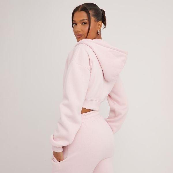 EGO Zip Front Cropped Hoodie In Baby Pink, Women's Size UK 4 - 2