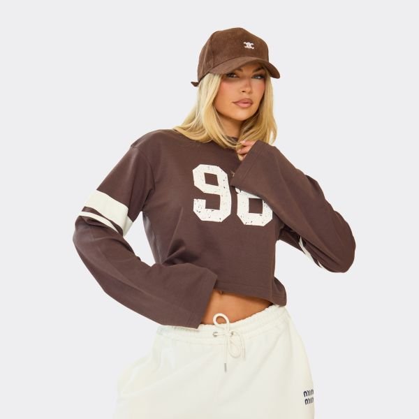 EGO Long Sleeve Oversized Graphic T-Shirt In Chocolate Brown, Women's Size UK 6 - 1