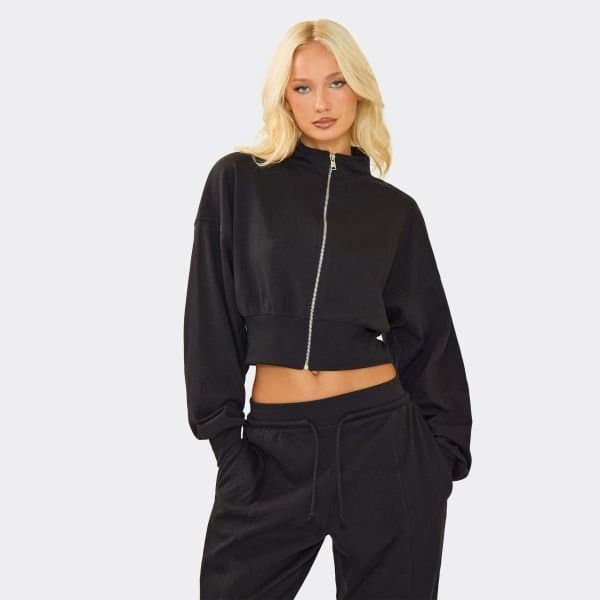 EGO EGO Cinched Waist Zip Up Cropped Sweatshirt in Black
