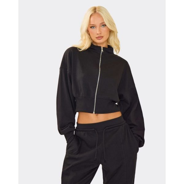 EGO Interlock Cinched Waist Zip Up Cropped Sweatshirt In Black, Women's Size UK 6 - 2