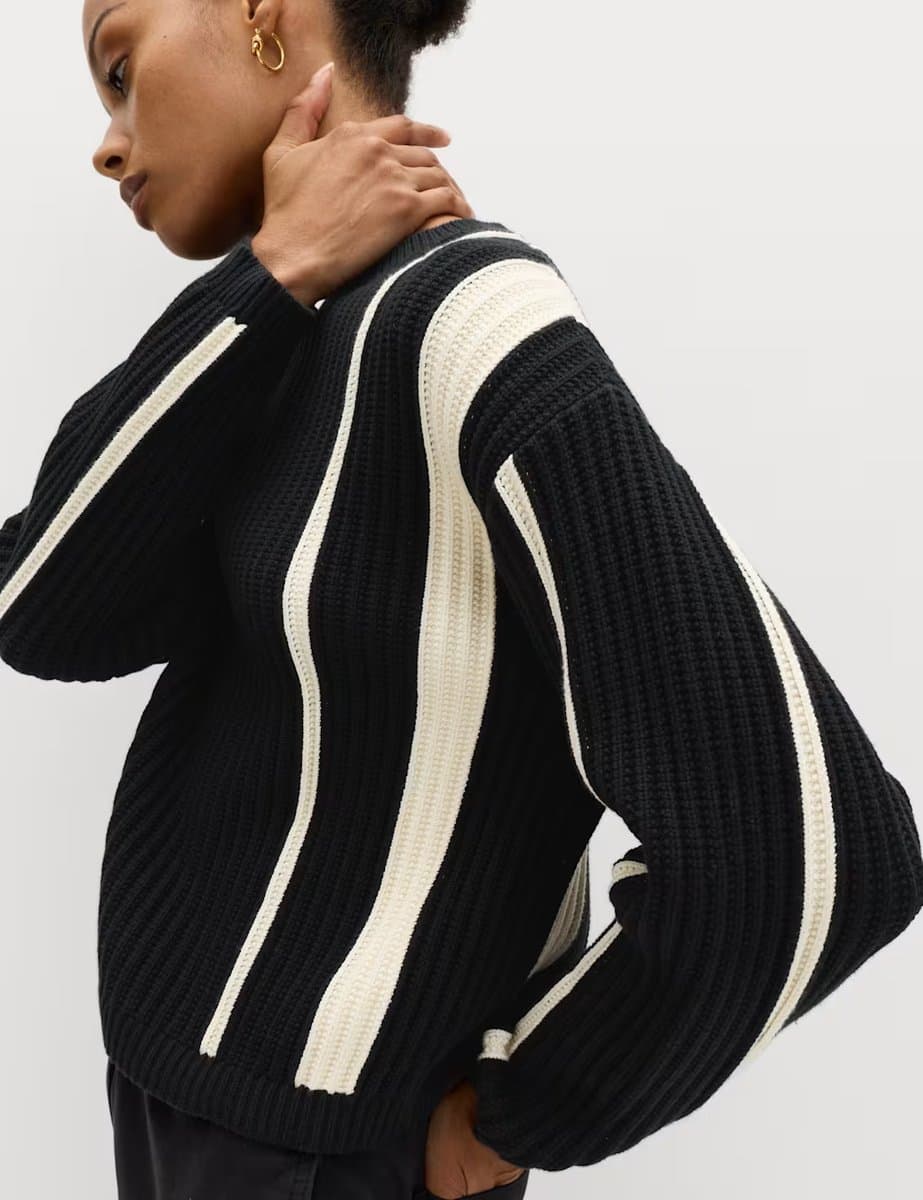 Marks & Spencer M&S Cotton Rich Striped Ribbed Relaxed Jumper Black Mix