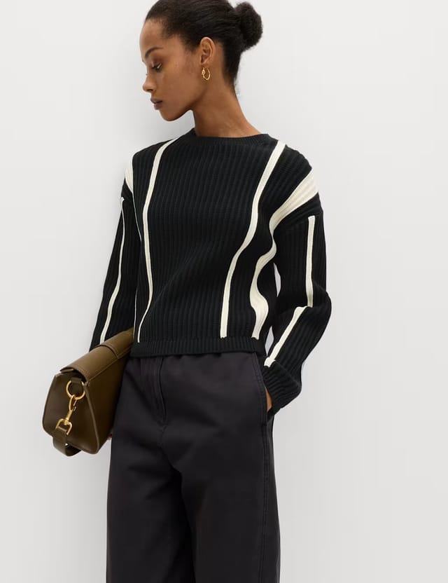 Marks & Spencer M&S Cotton Rich Striped Ribbed Relaxed Jumper Black Mix - 2