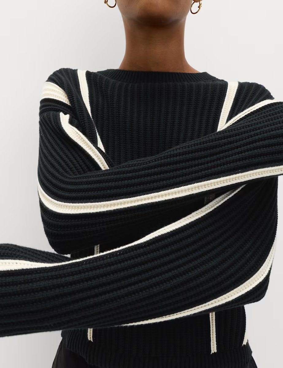 Marks & Spencer M&S Cotton Rich Striped Ribbed Relaxed Jumper Black Mix - 3