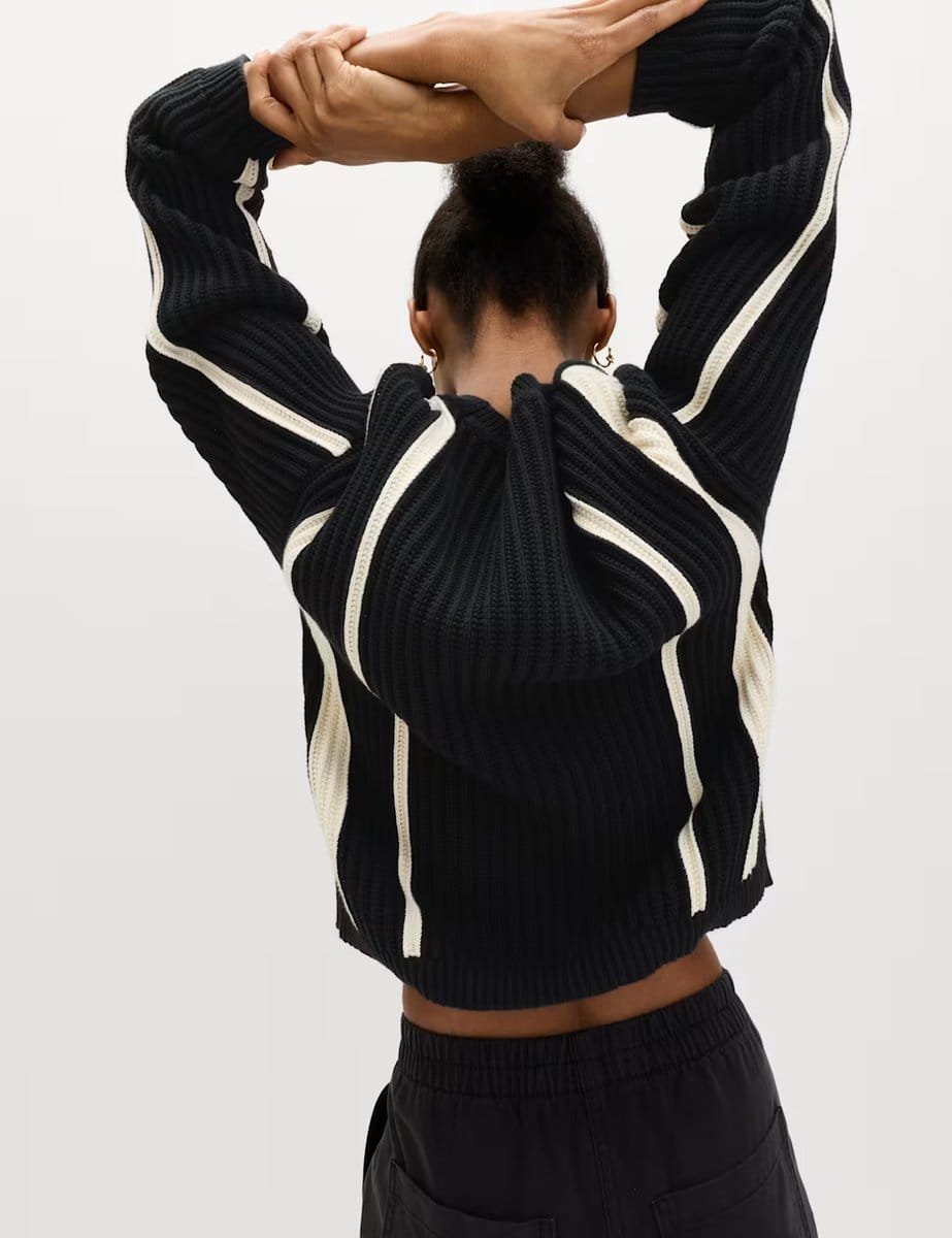 Marks & Spencer M&S Cotton Rich Striped Ribbed Relaxed Jumper Black Mix - 4