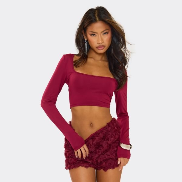 EGO Long Sleeve Square Neck Slinky Crop Top And Textured Floral Hot Pants In Burgundy, Women's Size UK 6 - 1