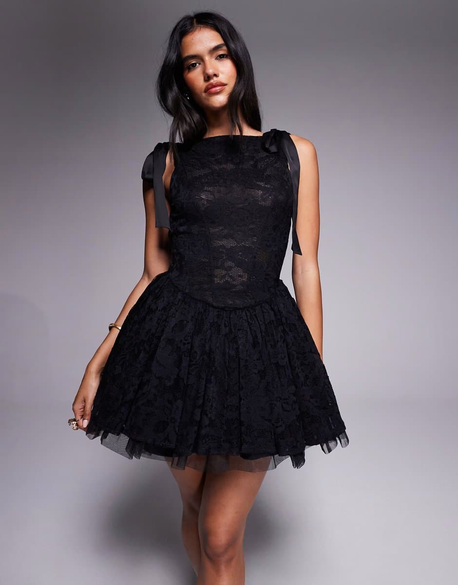 ASOS Jaded Rose Bow Shoulder Lace Structured Mini Dress in Black