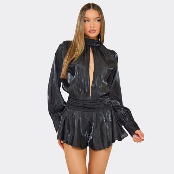 EGO Balloon Sleeve Open Front Ruched Detail Playsuit In Black, Women's Size UK 6