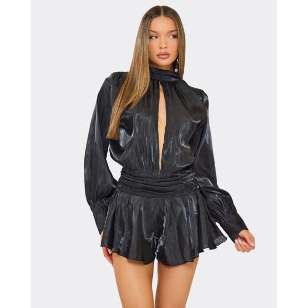 EGO Balloon Sleeve Open Front Ruched Detail Playsuit In Black, Women's Size UK 6 - 2