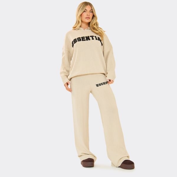 EGO Mid Rise Fluffy Essential Logo Detail Wide Leg Trousers In Stone Knit, Women's Size UK Large L - 1