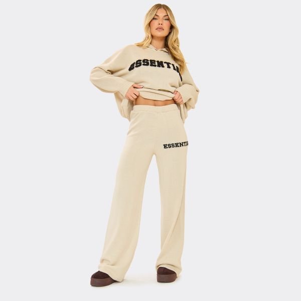 EGO Mid Rise Fluffy Essential Logo Detail Wide Leg Trousers In Stone Knit, Women's Size UK Large L - 2