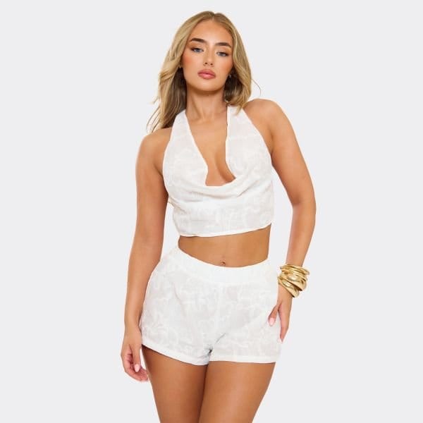 EGO Halterneck Top In White Floral Textured Linen, Women's Size UK 8 - 1