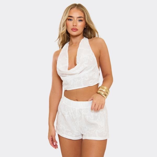 EGO Halterneck Top In White Floral Textured Linen, Women's Size UK 8 - 2