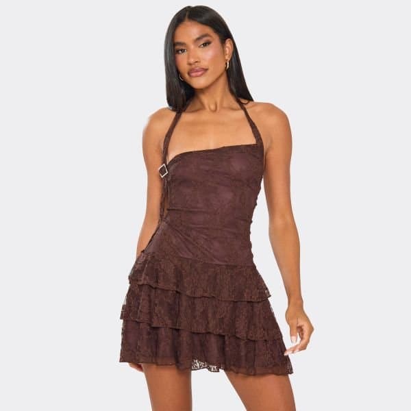 EGO Halterneck Strap Ruffle Detail Mini Dress In Chocolate Brown Lace, Women's Size UK 6